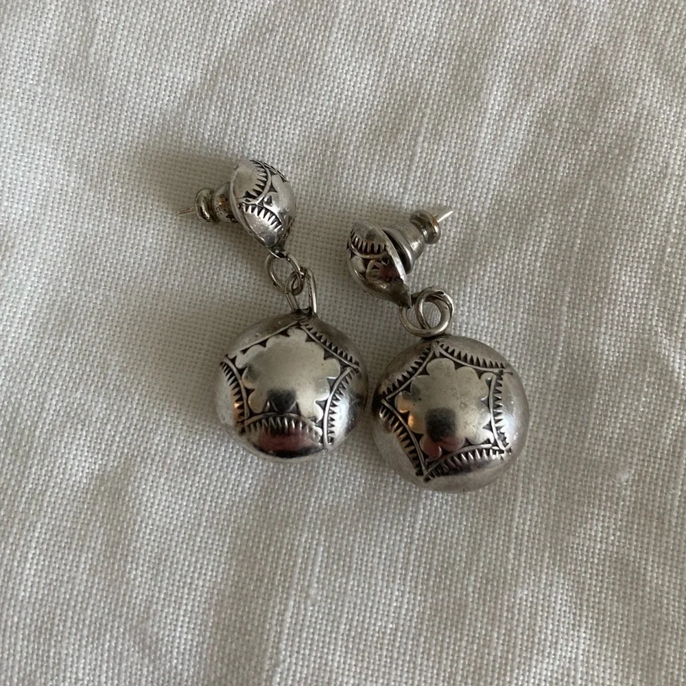 Vintage 1970s Sterling Silver Double Circle Etched Drop Earrings